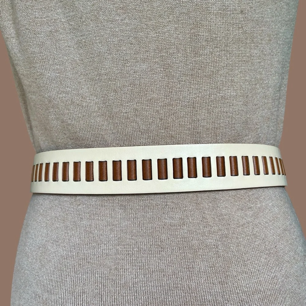 Fossil Leather Belt Cream and Cognac Brown Laced Festival Size S